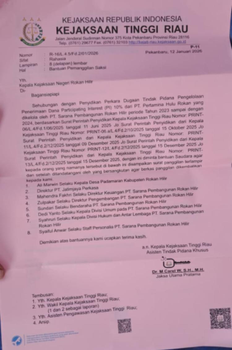 Kejati Riau Periksa 8 Saksi Terkait Dugaan Penyimpangan Dana PI PT SPRH, Satu Saksi Absen